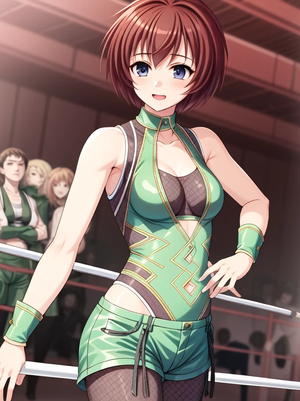 <lora:Mimi_Yoshihara_v1:1>1girl,short hair, blue eyes, brown hair, shorts, midriff, wrist cuffs, fishnet pantyhose, green shorts, see-through shirt, green shirt, Mimi Yoshihara,sleeveless, fighting,wrestling ring, wrestling outfit,, <lora:flatBG:-0.5> ,<lora:flat2:-0.5> ,<lora:hyperrefiner_v090:1> ,(dark light:1.2),(hyper extreme detailed),(masterpeace:0.5),(hyper extreme),(photorealistic),game cg,llustration,novel illustration,beautiful lighting,light from the front,good_hands,beautiful art ,BREAK