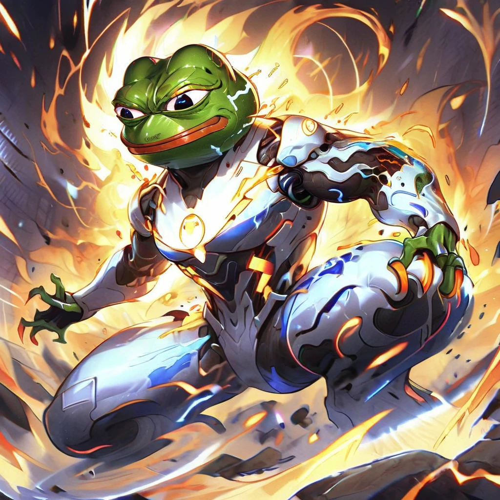 A dynamic frog humanoid, clad in a sleek, high-tech battle suit that exudes a sense of futuristic style. The suit, streamlined and form-fitting, features advanced armor with neon accents, highlighting the frog's agile form. Around the frog, an intense scene unfolds with swirling flames and crackling lightning, adding a dramatic flair. The frog's stance is poised and ready for action, its eyes glowing with determination, as the chaotic energy of fire and electricity interweaves, creating a powerful, tension-filled atmosphere, <lora:herocoolstyle:0.75> <lora:pepe-v2:0.8> pepe