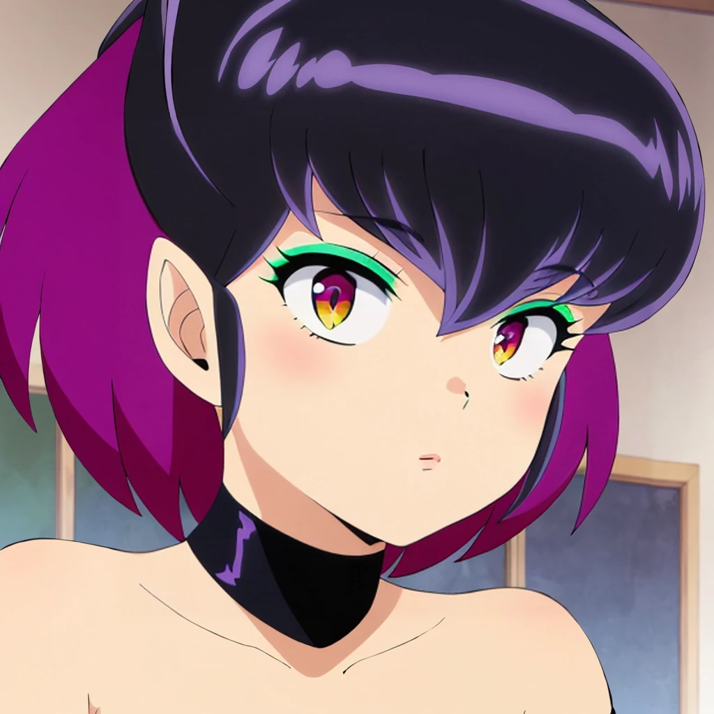 "(masterpiece:1.1), best quality, (NSFW:1.1), 
1girl, gyaru, (80s anime style:1.3), (eyelashes:1.5), 
(intricate high detailed body:1.2), 
(purple hair:1.1), 
(hair slicked back:1.2), (short hair, twin bun:1.1), 
red eyes, 
(pale skin:1.3), (loli body:1.2), (small breasts, flat chest:1.1), 
happy, smile, (open mouth, tongue out:1.2),
(vivid color bikini:1.1), 
accessories, earrings, knee socks, streaked hair, 
leaning forward,
(cowboy shot:1.1),
(daytime, beach:1.1)"
