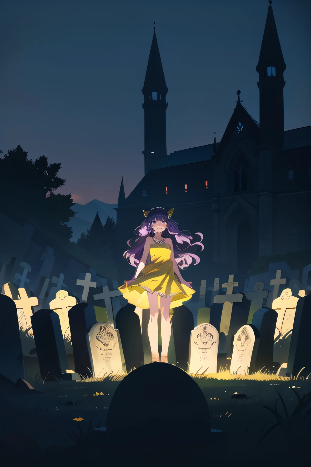 full body, (1female), smiling face, purple hair, absurdly long hair, wavy hair, dress, yellow dress, jewelry, sleeveless, bare shoulders, (graveyard), outdoors, (fantasy, medieval, ancient), (best quality, masterpiece, scenery:1.1), <lora:spotlight:0.5>, silhouette, dark theme,
