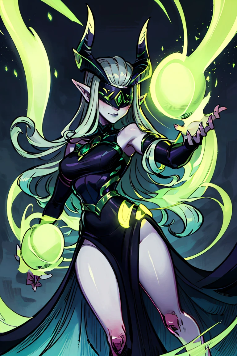 <lora:Alex_Ahad_Style:0.8>,((masterpiece,best quality)), absurdres, <lora:Shemira_AFK_v2:0.8>, Shemira_AFK, pointy ears, covered eyes, green glow, grey skin, magic, thighs, long dress, smug,