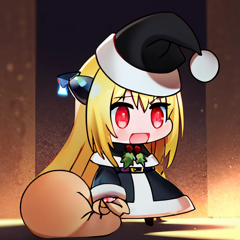<lora:Padoru_Meme:1>, Padoru_Meme, open mouth, ((masterpiece,best quality)), absurdres, (finely detailed beautiful eyes: 1.2), phyami, yaminor, 1girl, solo, blonde hair, long hair, red eyes, thigh strap, very long hair, detached sleeves, black dress, <lora:yami-v1:1.0>,