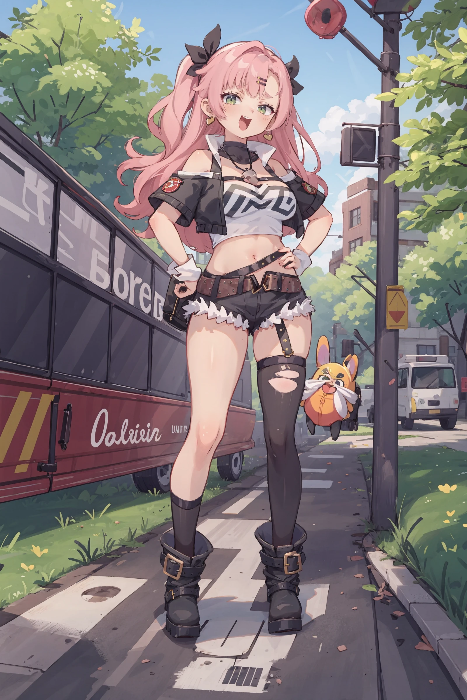 1girl, nicole demara, tube top, single thighhigh, short shorts, cropped jacket, hair ribbon, hairclip, earrings, belt, detached sleeves, doll, black collar, belt boots, single sock, full body, standing, smug, open mouth, looking at viewer, hand on hip, outdoors, street,  <lora:face-Smug:0.9>