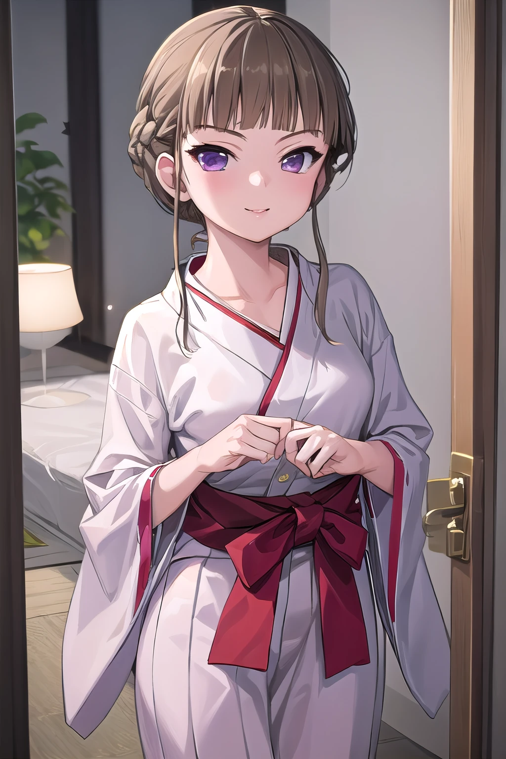 masterpiece, best quality, ultra-high-detailed, 1girl, solo, Manaka Nemu, short hair, braided hair, brown hair, violet eyes, yukata