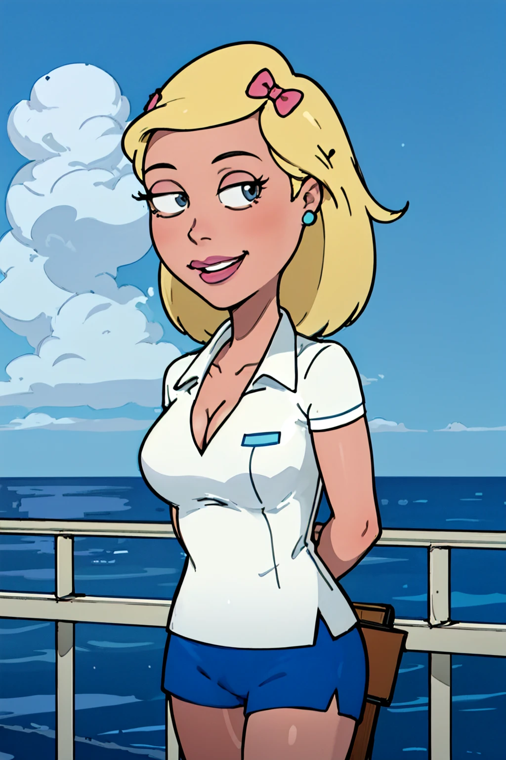 <lora:BeckyAD1.00:0.7>solo, 1girl, becky, blonde hair, blue shorts, breasts, cleavage, cloud, earrings, hair bow, cruise ship, makeup, medium breasts,arms behind back,upper body, short sleeves, sleeveless, smile, white shirt,standing, looking at viewer,