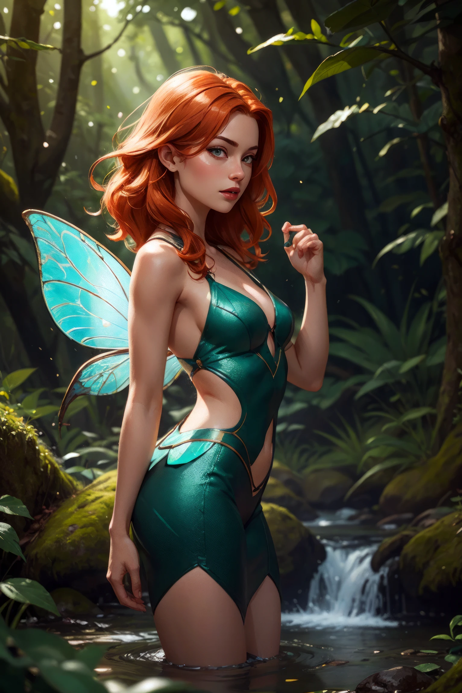 (1girl, solo:1.2, (girl is sexy pose) ), (girl is wearing a leaf bikini, (small butterfly wings), (redhead long hair), (detailed olive eyes, face), (healthy body)), (background, enchanted forest, waterfall, flowers)