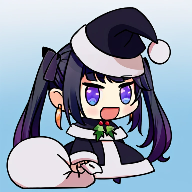 <lora:Padoru_Meme:1>, Padoru_Meme, open mouth, ((masterpiece,best quality)), absurdres, <lora:mona_v1:0.4>, aamona, long hair, twintails, hair ornament, black ribbon, earrings, purple headwear, cowboy shot, smile,