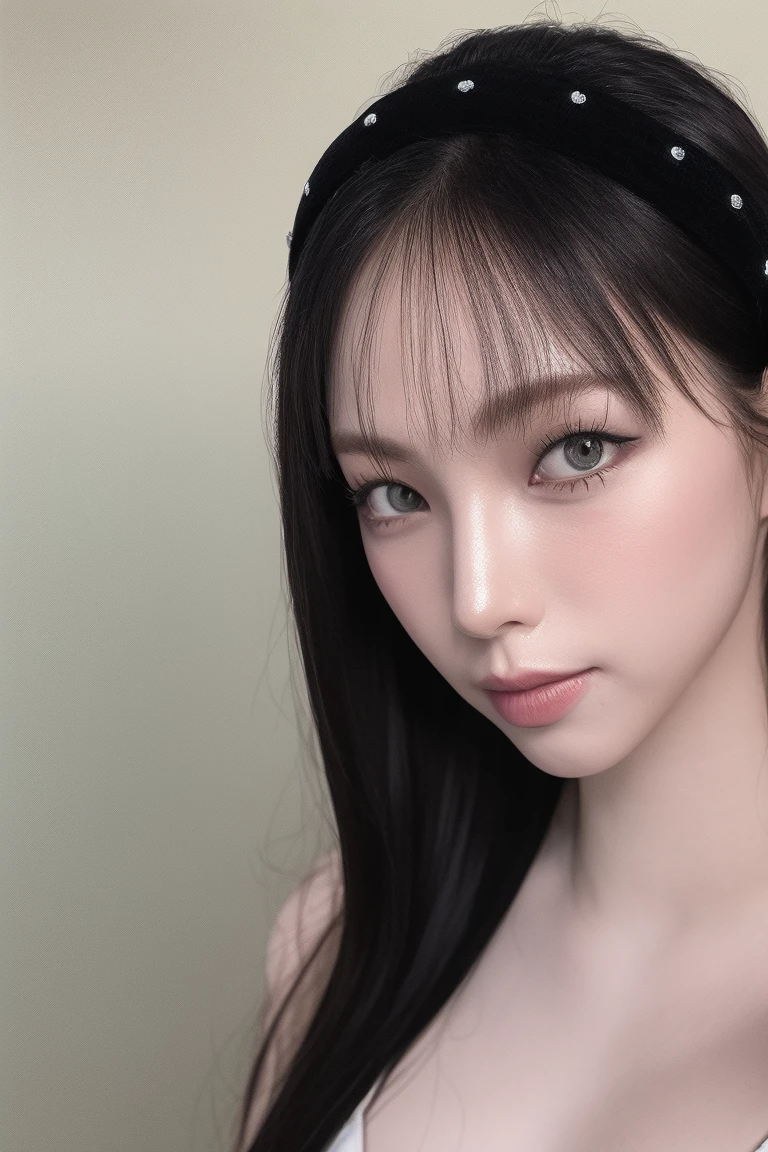 4k portrait, intricate, elegant, highly detailed, majestic, digital photography, art, (best quality, high quality, highres, masterpiece, side lighting), (looking at viewer:1.8),
Karina, MBC, polka dot dress, polka dot hairband,
1girl, solo, black hair, long hair, brown eyes, parted lips,
soft and supple, smooth and flawless, pure and radiant, finest, natural skin with a delicate translucence,
simple background,