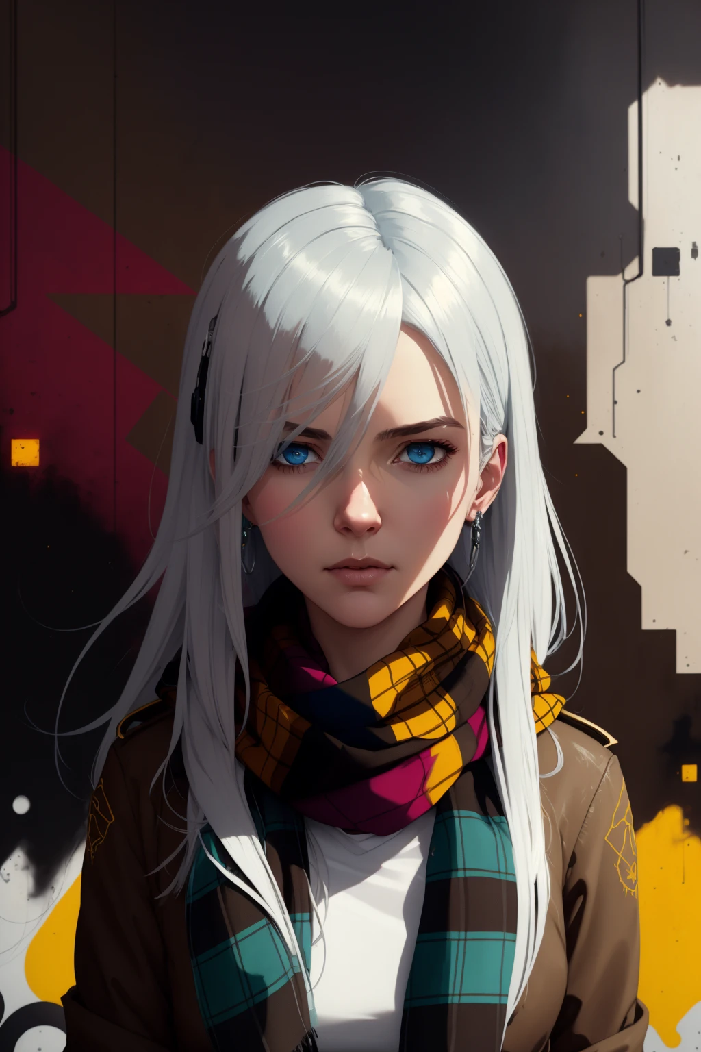 highly detailed portrait of halo, blue eyes, tartan scarf, white hair by atey ghailan, by greg rutkowski, by greg tocchini, by james gilleard, by joe fenton, by kaethe butcher, gradient yellow, black, brown and magenta color scheme, grunge aesthetic, graffiti tag wall background,