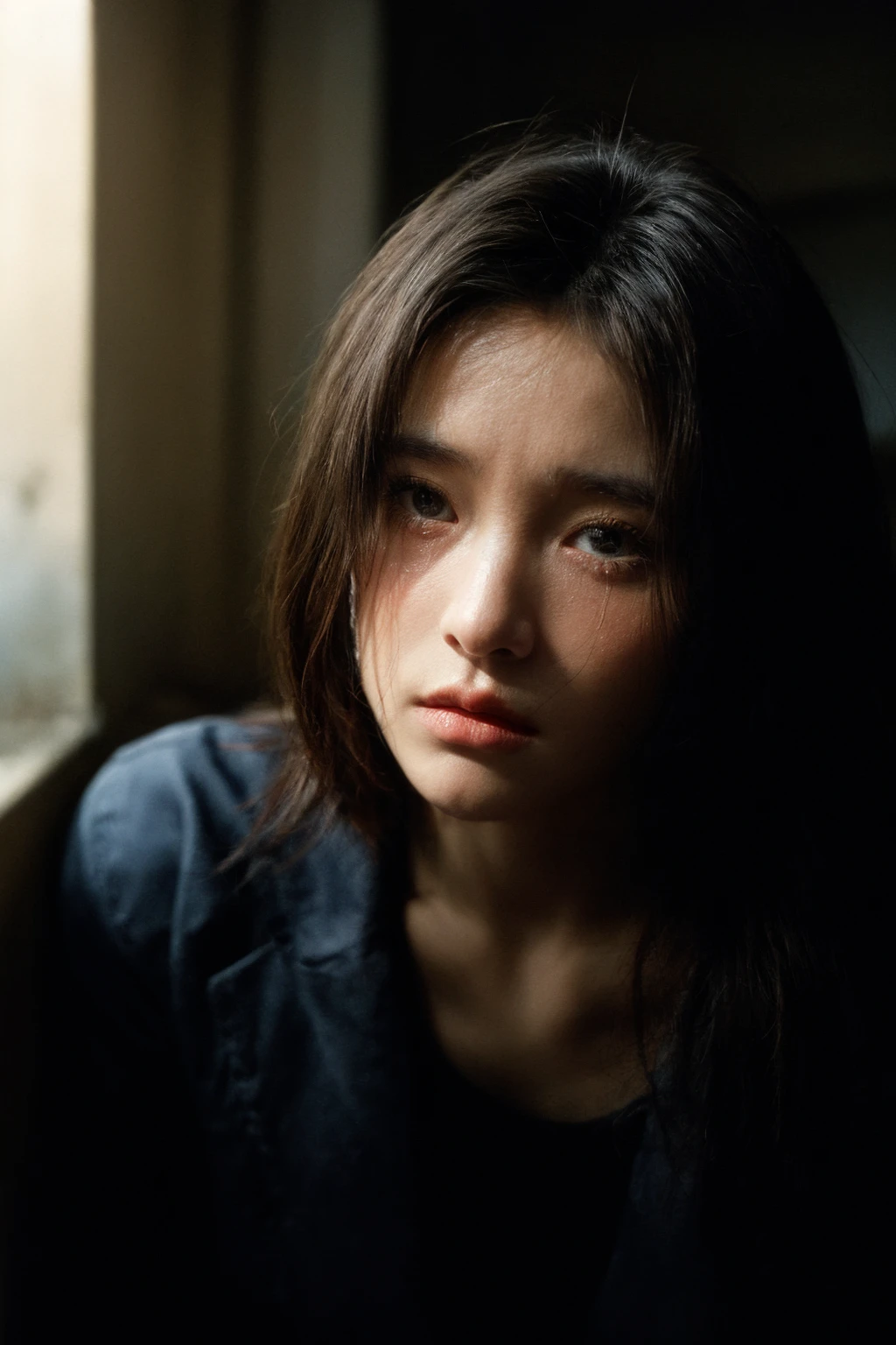 portrait of 1girl by Bill Henson,depressed,tears,streaming tears,ruins,shadows,dramatic lighting,sunset,
contemporary,dark,expressionism,dystopia,industrial,<lora:add_detail:1>,<lora:MengX girl_Mix_V40:0.8>,