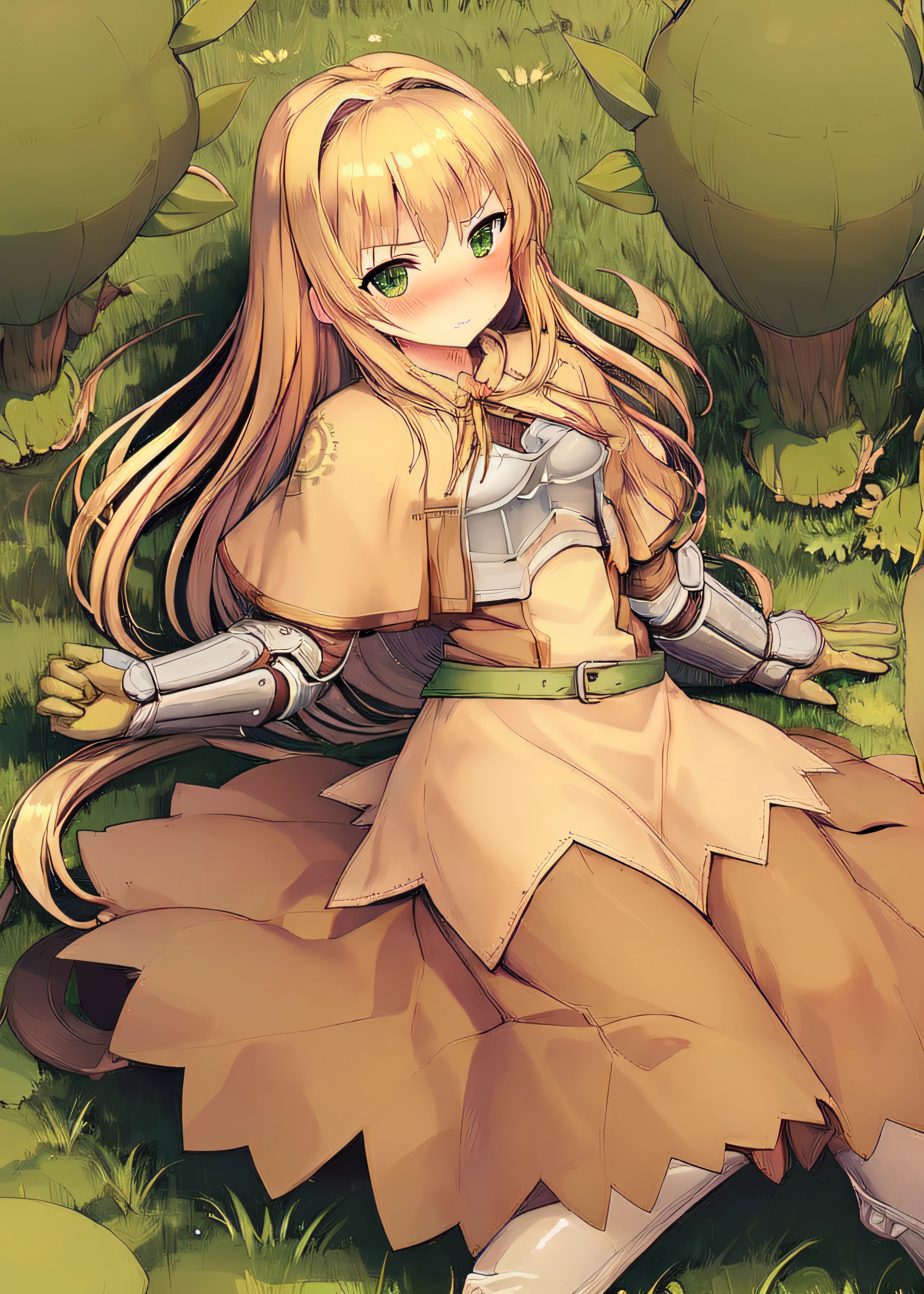 <lora:swordsmanROBetaV1:0.77>,swdro, 1girl, armor, belt, boots, dress, blonde hair, green eye,
looking at viewer, lying on floor, blush, embarrassed, on back, detailed hand,
fantasy background, forest, lake aside, sun, morning,