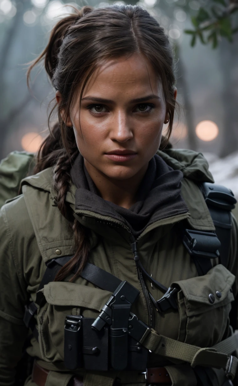 cinematic film still lara croft in tomb raider, Alicia Vikander, belt, long hair, looking at viewer, realistic, solo, sunset, body, cave, . shallow depth of field, vignette, highly detailed, high budget, bokeh, cinemascope, moody, epic, gorgeous, film grain, grainy