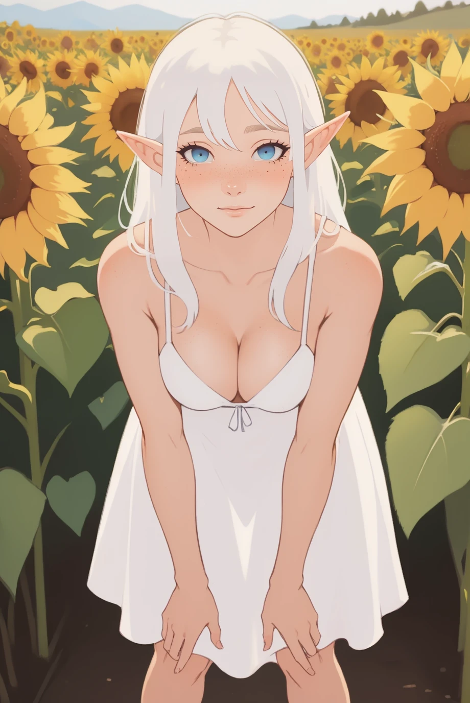mature, freckles, blush, outdoors, white sundress, white hair, elf, blue eyes, looking at viewer, sunflower field, full body, leaning forward, cleavage