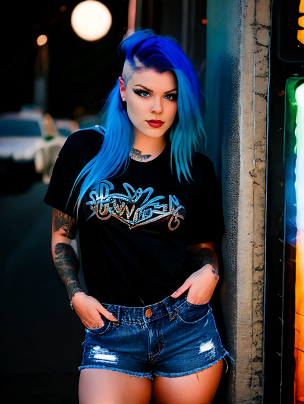 <lora:RavenV1:1>, RavenV1,breathtaking a woman wearing a black tshirt with a metal band logo, wearing a denim short, in an music shop by night, 90s flash photo, high quality, highly detailed skin