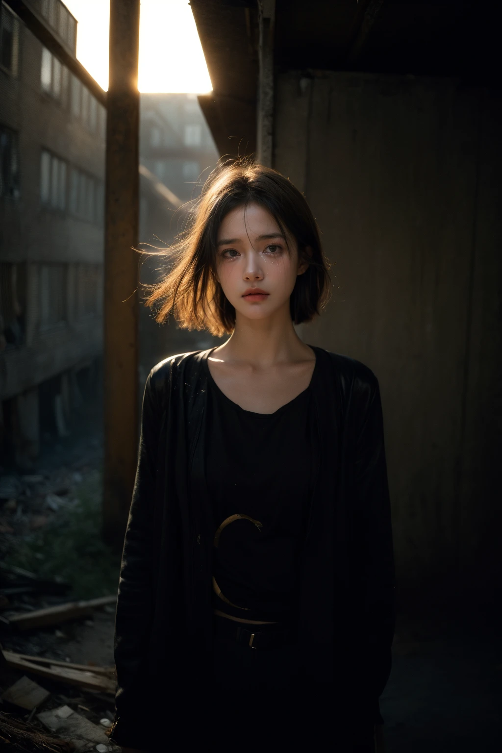 portrait of 1girl by Bill Henson,depressed,tears,streaming tears,ruins,shadows,dramatic lighting,sunset,cowboy shot,
contemporary,dark,expressionism,dystopia,industrial,<lora:add_detail:1>,<lora:MengX girl_Mix_V40:0.8>,