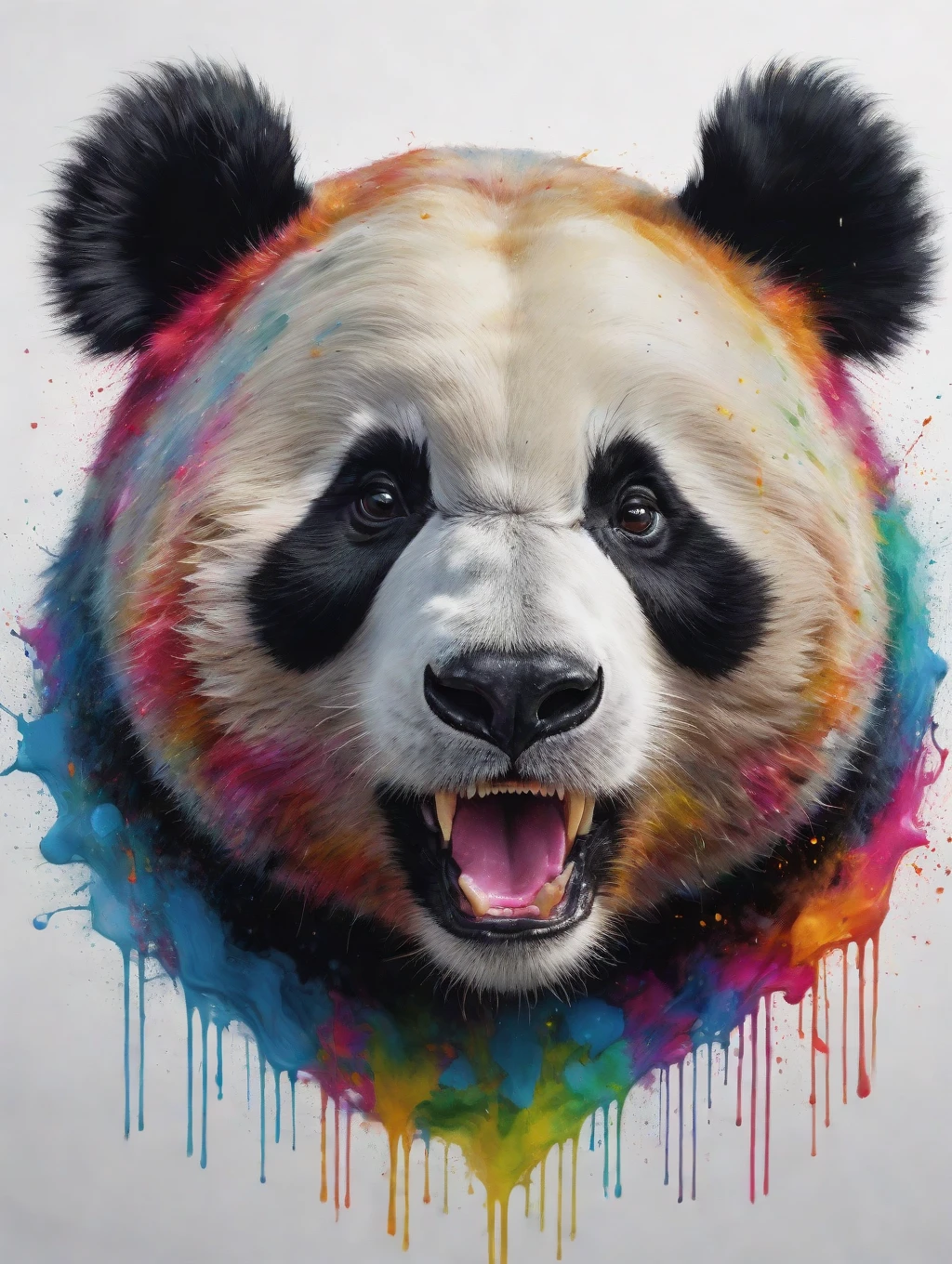 A hyperdetailed panda head in a splash style of colorful paint, roaring on a white background. Bring it to life in an epic Instagram-worthy masterpiece, reminiscent of artstation and deviantart. Emphasize the fantastical, intricate details in a high resolution (8k) artwork. Use complementary colors to create a captivating fantasy concept art. Incorporate elements of oil painting with heavy strokes and paint dripping, evoking a splash art in a unique and captivating style.
