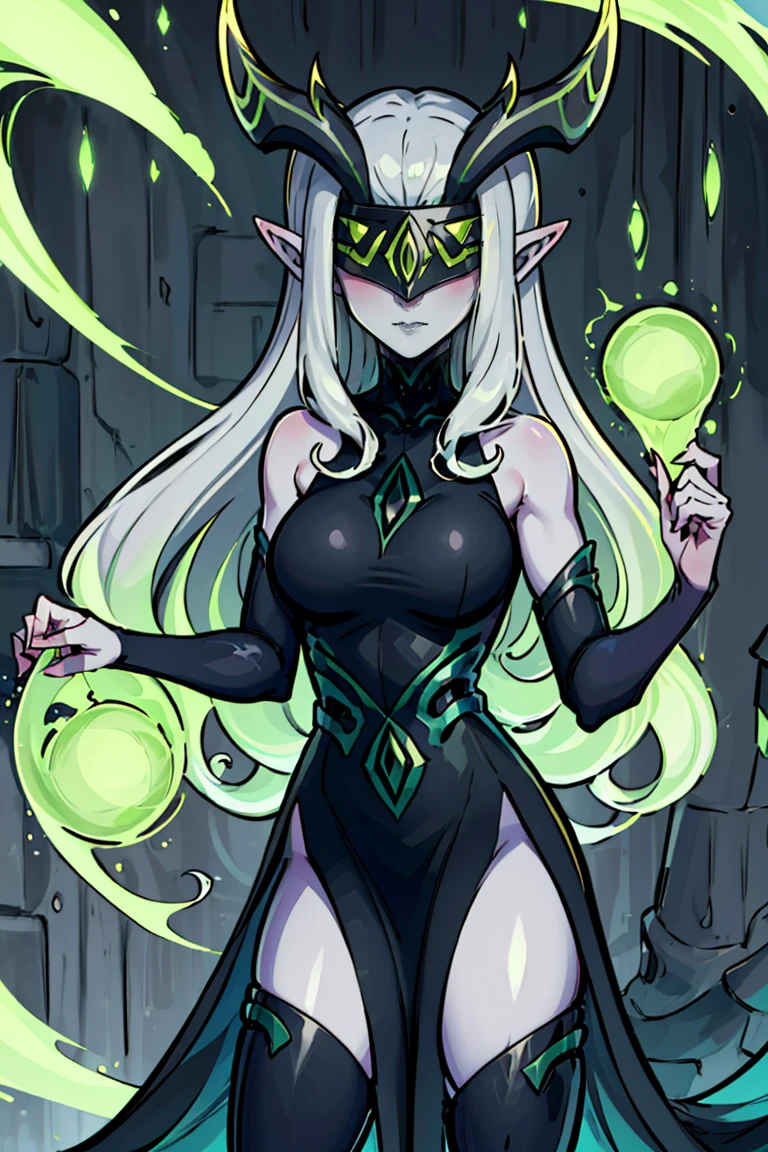 <lora:Gamma:0.8>,((masterpiece,best quality)), absurdres, <lora:Shemira_AFK_v2:0.8>, Shemira_AFK, pointy ears, covered eyes, green glow, grey skin, magic, thighs, long dress, smug,