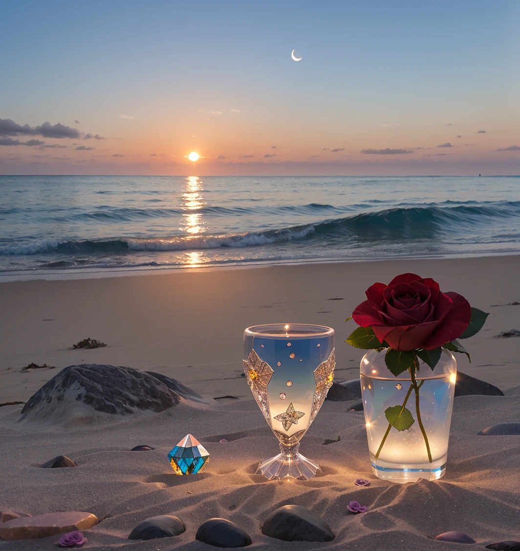 Stained glass style waning moon. flowers roses, stones transparent and diamond crystal in water, on the beach, fantasy, smoke , photo, HD, 8K, colous, sea, . Vibrant, beautiful, translucent, intricate, detailed