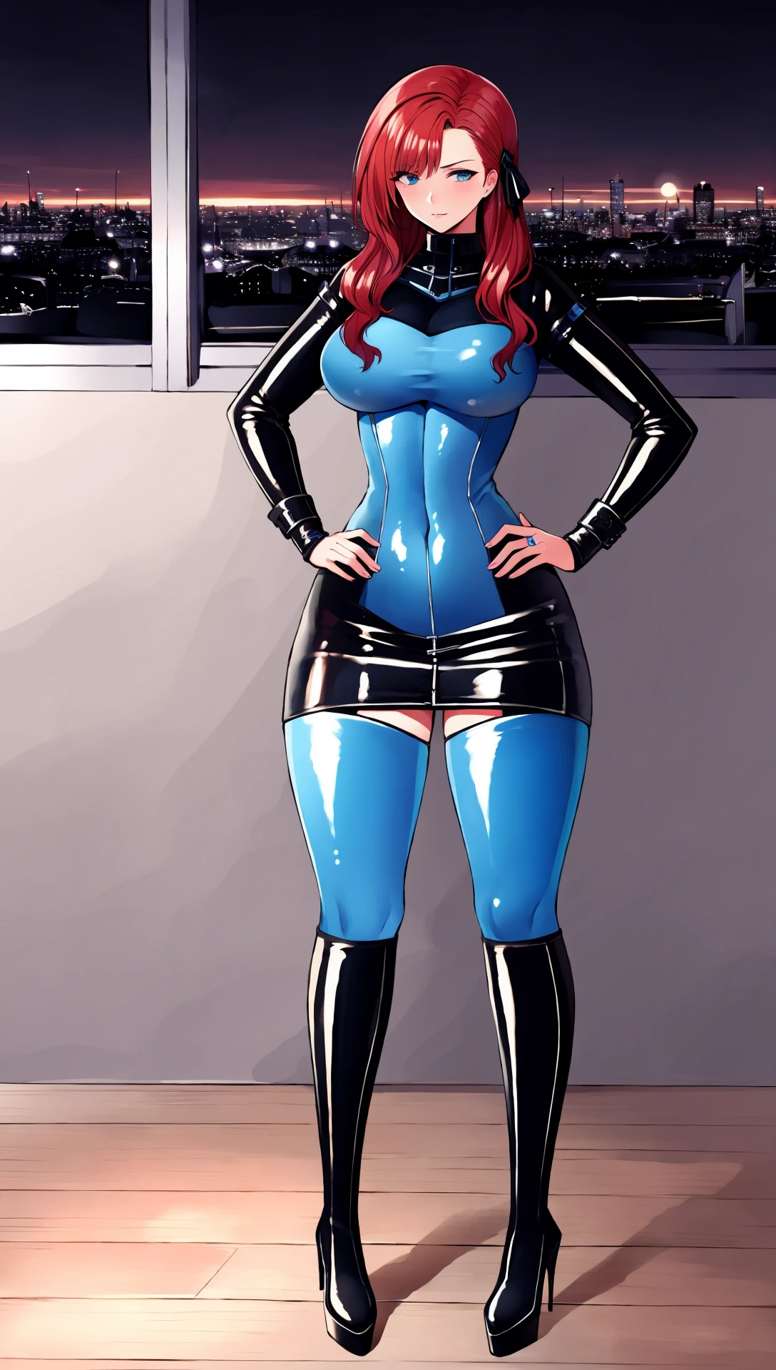 ((masterpiece:1.4, best quality))+, (ultra detailed, high quality)+, illustration, perfect anatomy,
shiny sissy luxury latex dress for doll, high heel boots, thigh boots, (latex:1.2), (blue latex dress:1.3), latex gloves, white latex pantyhose, long sleeves, latex boots, (long skirt:1.2), full body, blue eyes, long hair, red hair, straight hair, breasts, 1girl, hair ribbon, mature female,
looking at viewer, standing, hands on hips,
skyscraper, beautiful lighting, cityscape, (night, night sky), moon, soft lighting, indoors, window, street, floor-to-ceiling window, contemporary, (tesomu:1.2) <lora:tesomu-lycoris-anything-v5-base:1>