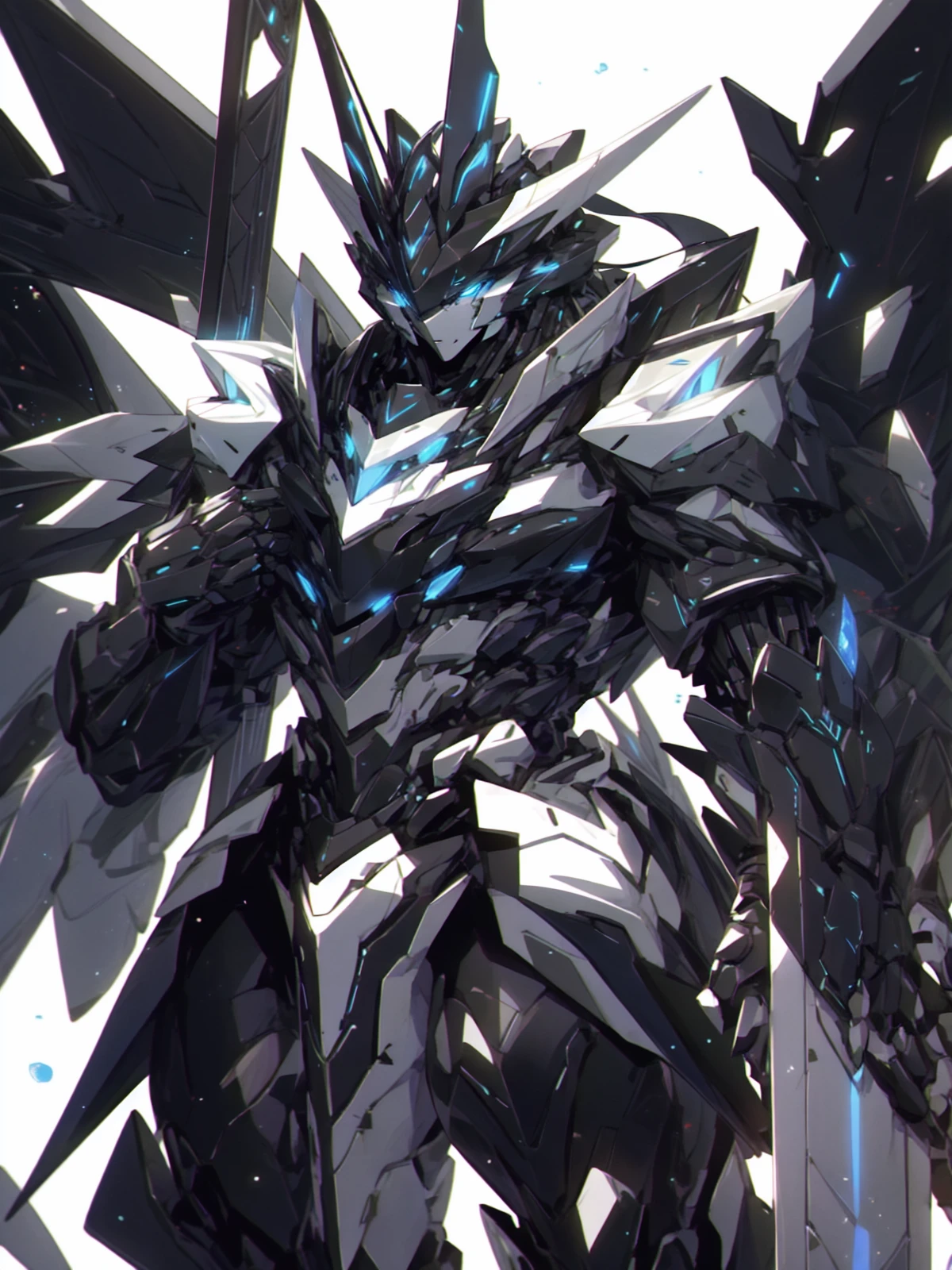 Masterpiece, high quality, Black super robot wars, mecha, glowing cyan eyes with very long white, magic circle, space background, close up, humanoid face,