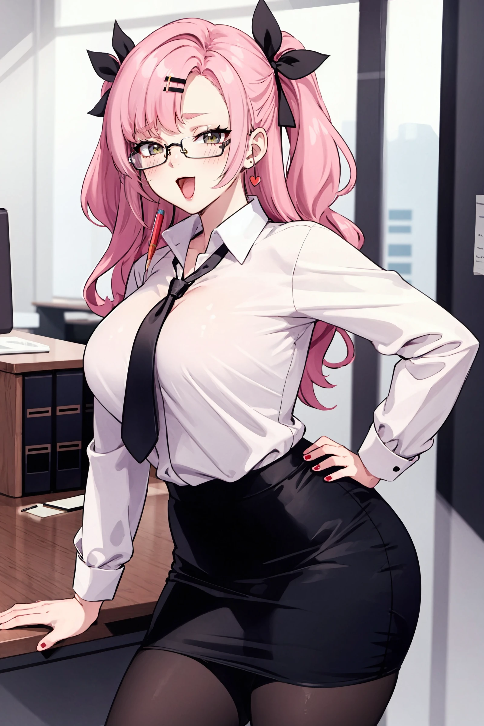 1girl, nicole demara, hair ribbon, hairclip, solo, office lady, white collared shirt, pencil skirt, black pantyhose, glasses, smug, open mouth, looking at viewer, hand on hip, office, indoors, depth of field, <lora:face-Smug:0.9>, masterpiece