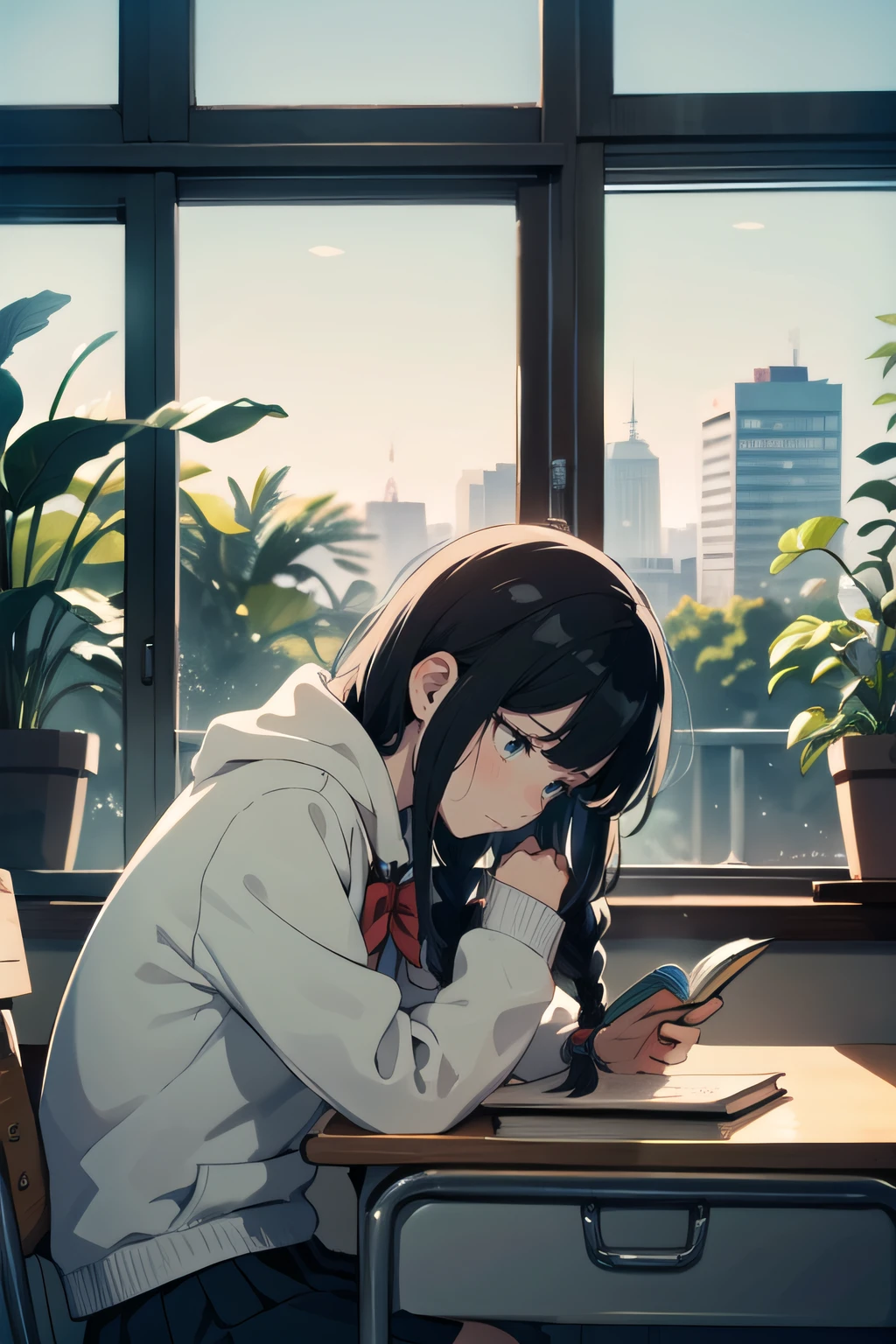 upper body,   (facing down:1.2),  (1female), frustrated face, black hair, very long hair, flipped hair, cornrows,        hoodie and school uniform, pants, gamer girl at the desk, books and plants,  (best quality, masterpiece, scenery:1.1),