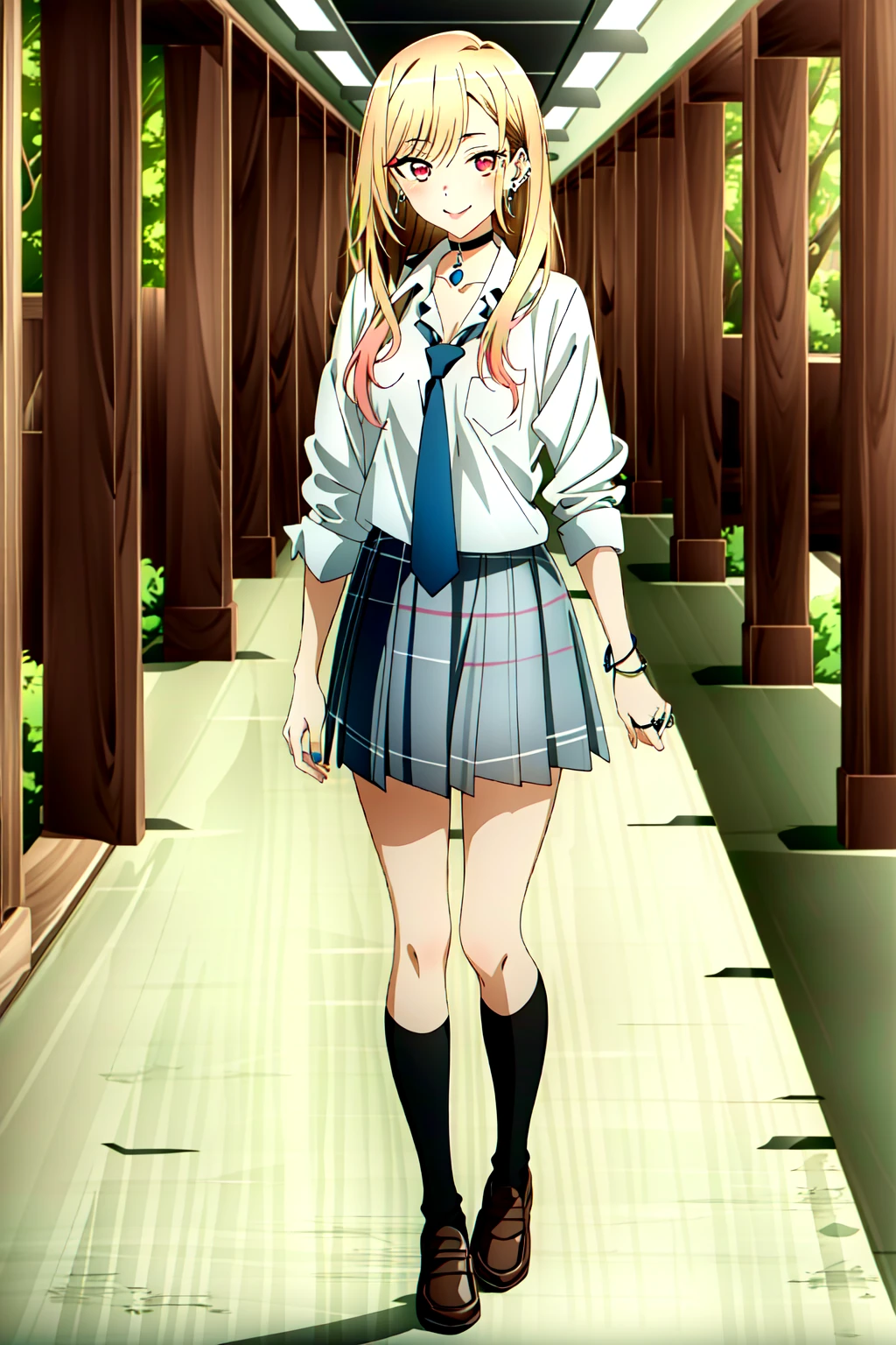 <lora:OGT_Marin Kitagawa-v1:1> (extremely detailed CG unity 4k wallpaper),(masterpiece),(best quality),(ultra-detailed),(best illustration),(best shadow),(absurdres),(detailed background), Marin Kitagawa, 1girl, kitagawa marin, blonde hair, jewelry, solo, skirt, school uniform, choker, necktie, red eyes, ring, long hair, shirt, full body, smile, v, socks, black choker, bracelet, earrings, white shirt, piercing, brown footwear, black socks, looking at viewer, shoes, plaid skirt, pleated skirt, multicolored hair, tied shirt, loafers, ear piercing, plaid, bangs, standing, blue skirt, colored tips