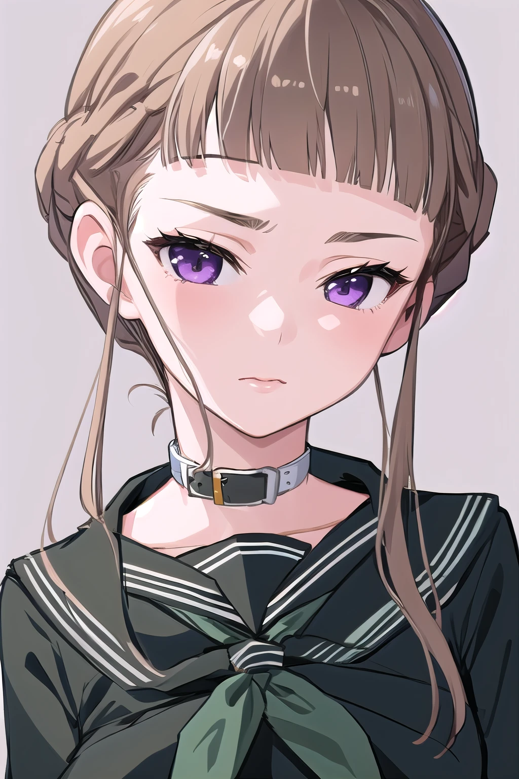 masterpiece, best quality, ultra-high-detailed, 1girl, solo, Manaka Nemu, short hair, braided hair, brown hair, violet eyes, black serafuku, green necktie,  closeup, pensive