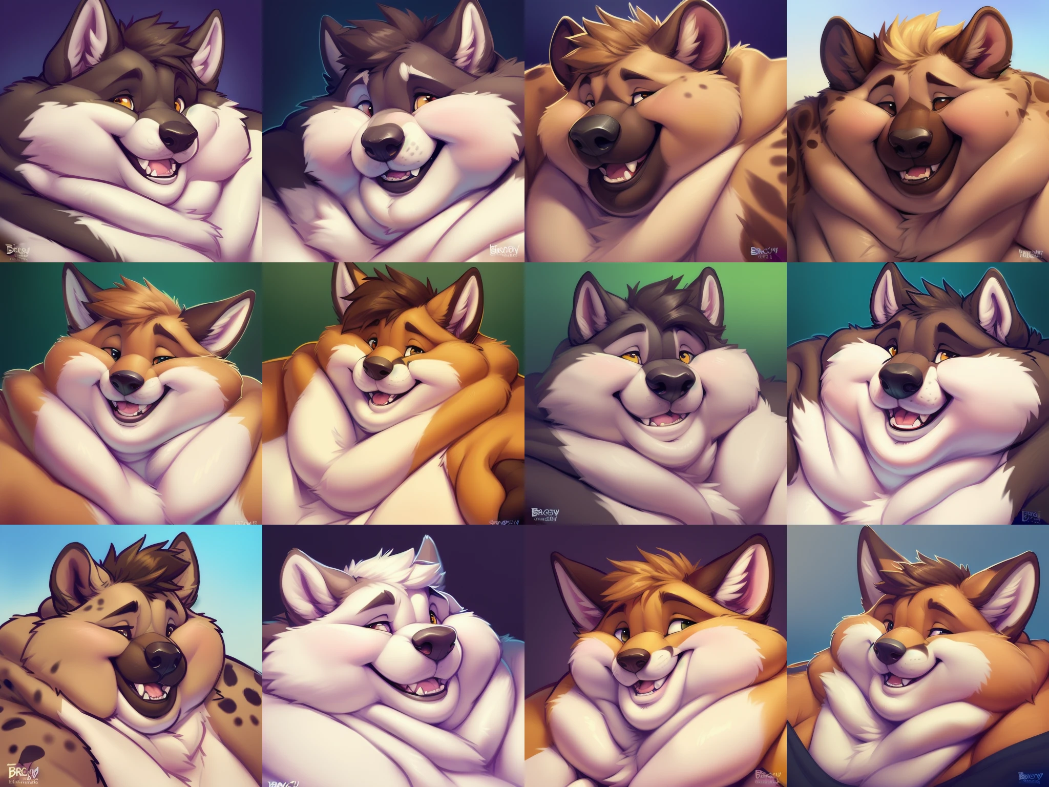 by thesecretcave, by ifus, by zackary911, [by braeburned], [by chunie] 
<lora:extremefats:1>, {1$$fox|wolf|hyena}, ((fat, obese, morbidly obese)), ((smiling)), ((folds,rolls)),