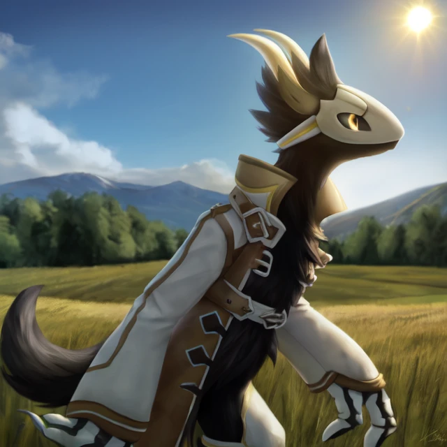 outside, field, detailed background, amazing background, day, sun, three-quarter view, high quality,
nanigashi, 3 fingers, big hands, white coat, black feathers, mask, 2 horns, yellow eyes, semi-anthro,
standing, looking away, <lora:NanigashiTest:1>