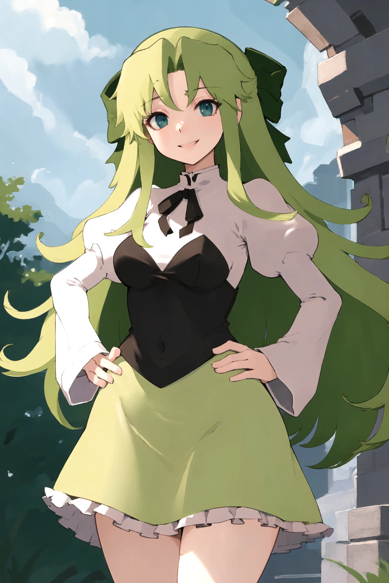 Fia_(riviera), 1girl, bow, dress, frills, green_dress, long_hair, long_sleeves, puffy_sleeves, solo, very_long_hair, frilled_dress, <lora:RtPL-Fia-09:1.0>, smile, hands_on_hips,, beautiful, (masterpiece:1.2), (best quality:1.2), perfect eyes, perfect face,<lora:perfectfingers:1.0>