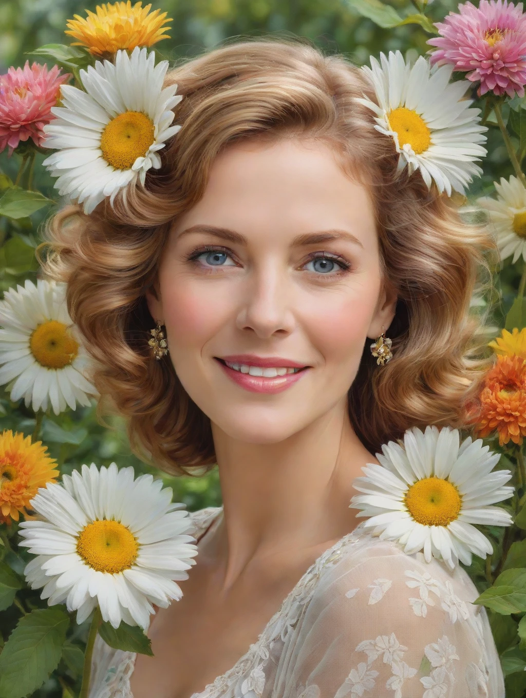 Create a vivid, high-definition image that captures the essence of Mary Daisy Arnold, a vibrant and charismatic woman. Showcase her radiance and charm through soft, natural lighting that accentuates her youthful features. Use a warm color palette to evoke a sense of joy and happiness. Incorporate elements of nature, such as blooming flowers or a lush garden backdrop, to symbolize her connection to the world around her. Employ a candid and spontaneous composition to reflect her free-spirited nature.