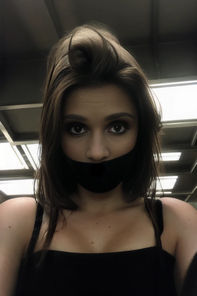 (best quality,4k,8k,highres,masterpiece:1.2),ultra-detailed,(realistic,photorealistic,photo-realistic:1.37),portraits,beautiful woman in distress,bound and gagged,expressive eyes and lips,helpless expression,soft lighting,fine detailing on face and clothes,soft and flowing sheer skirt,gr3ysh33r,scarlet-red gag,subtle shadows and highlights,contrasting colors,emotional aura,delicate brush strokes,vibrant colors