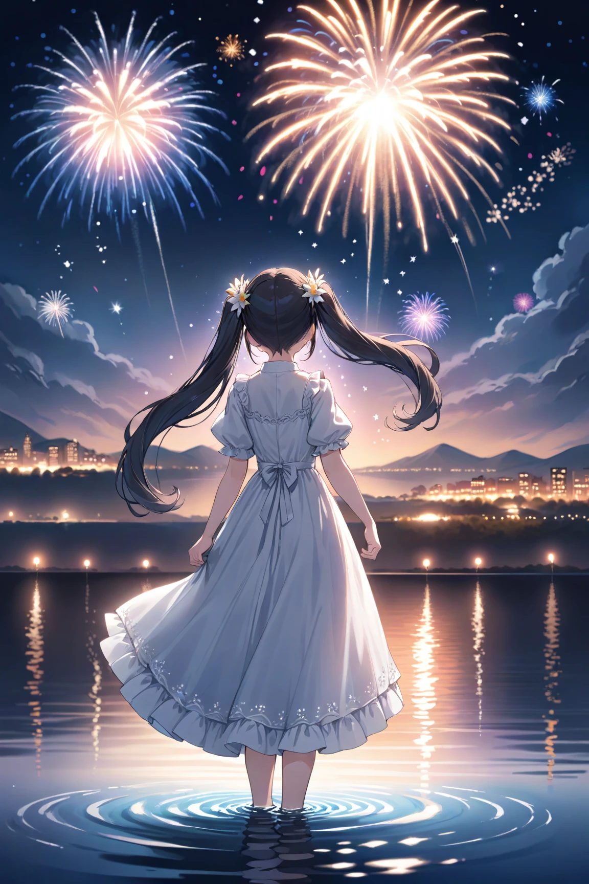 best quality,aesthetic,detailed,by modare,1girl,solo,photorealistic,from behind,standing,wading,long hair,very long hair,twintails,dress,white dress,fireworks,night,sky,night sky,water,star \(sky\),flower,outdoors,