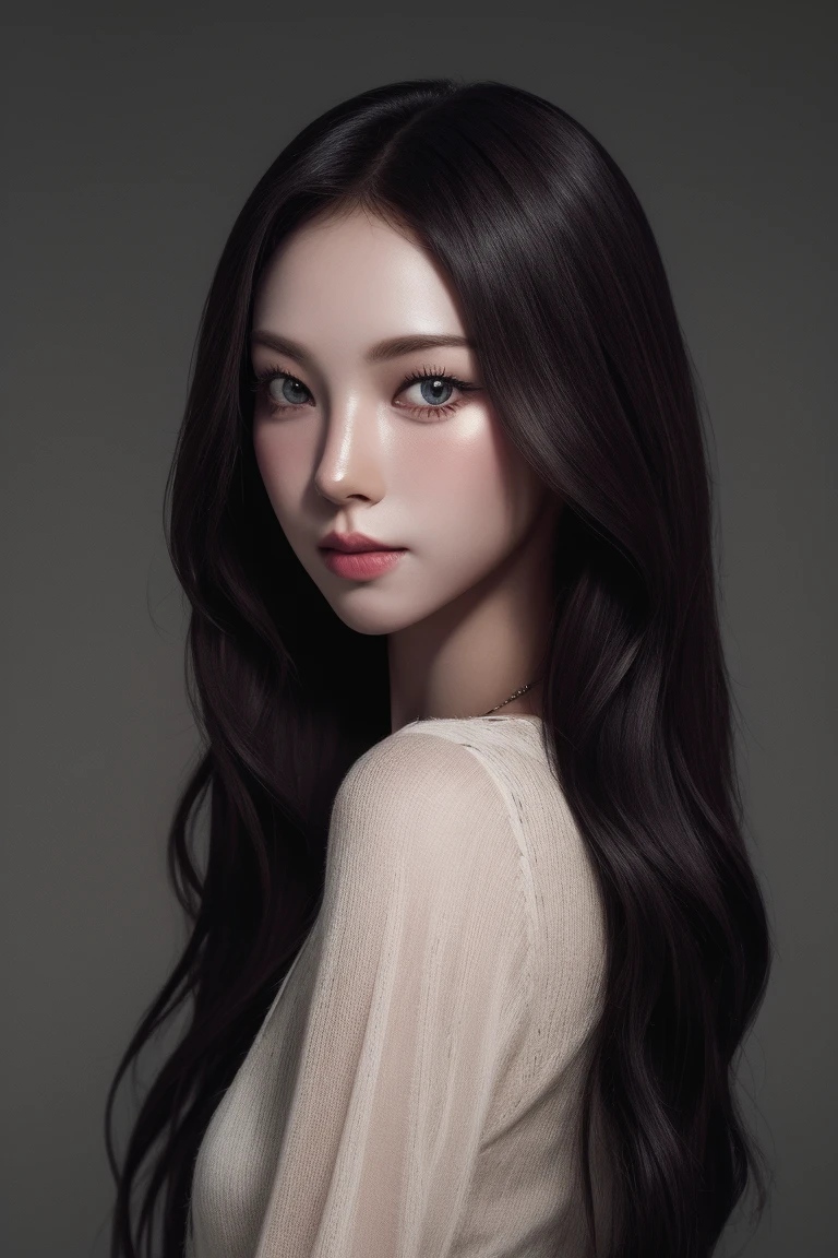 4k portrait, intricate, elegant, highly detailed, majestic, digital photography, art, (best quality, high quality, highres, masterpiece, side lighting), (looking at viewer:1.8),
1girl, solo, black hair, long hair, brown eyes, (parted lips),
soft and supple, smooth and flawless, pure and radiant, finest, natural skin with a delicate translucence,
simple background,
