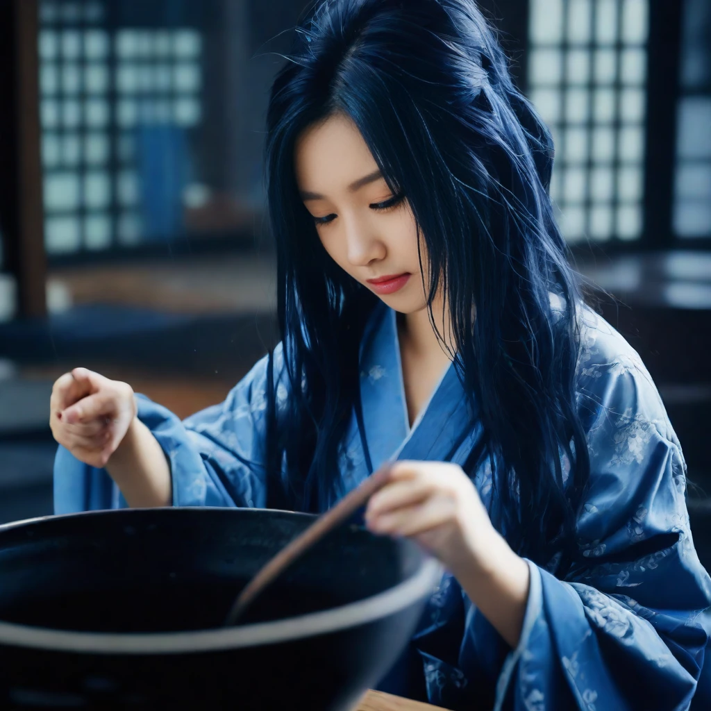 cinematic photograph, beautiful alluring (young:1.2) Japanese woman dyeing her long hair, silk robe, bowl of dark blue dye, (wet hair with blue streaks:1.5), kawaii, demure, curious, ancient japan