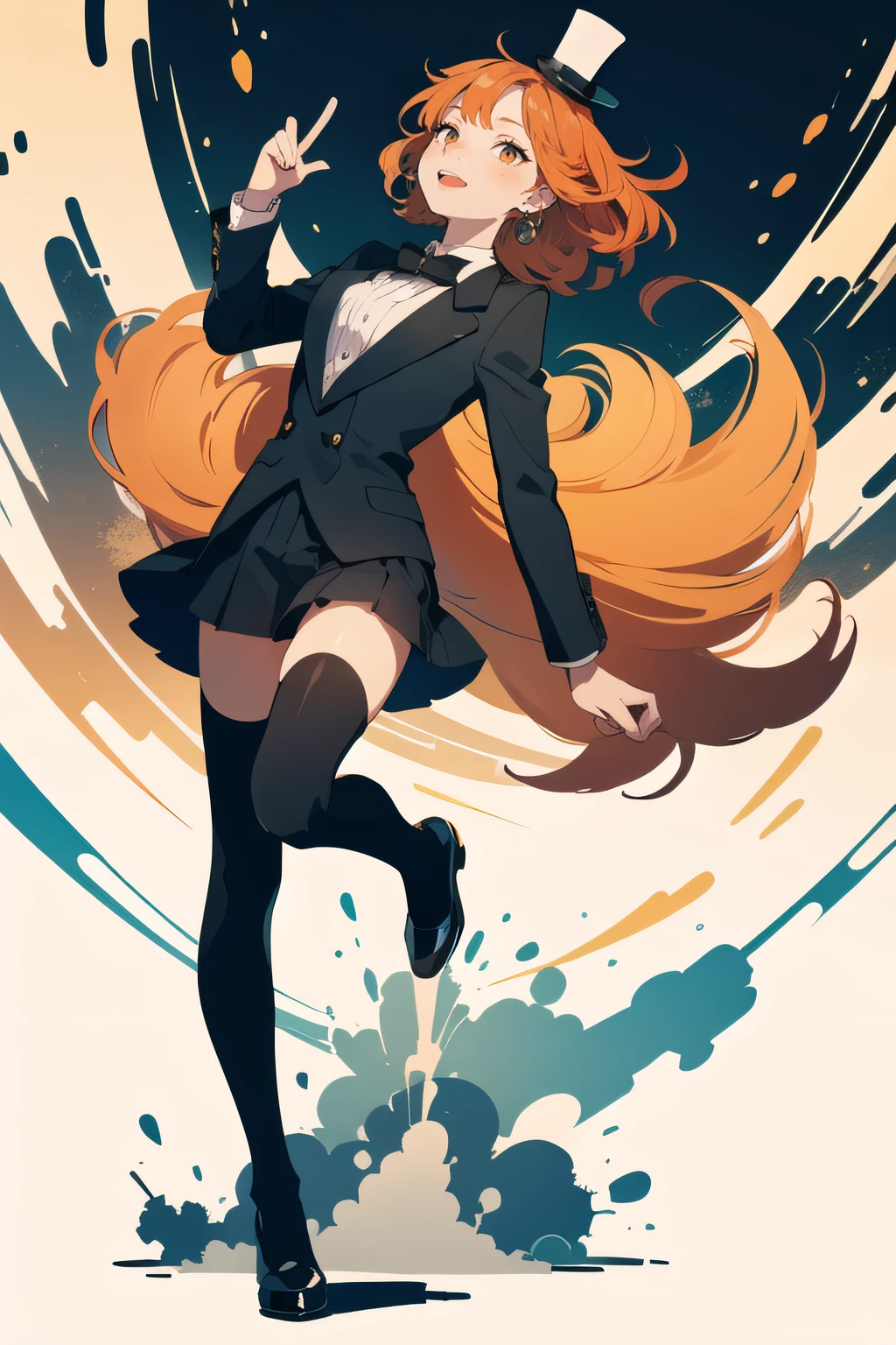 full body, sideview, looking up, (1female), ecstasy face, orange hair, medium hair, spiked hair, undercut, (mini top hat:1.2), (earrings:1.2), tuxedo, pocket watch, white thighhighs, (graffiti on character:0.3), (Ink swirling around the character:1.2), (best quality, masterpiece, scenery:1.1),