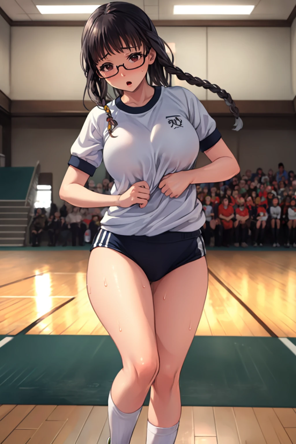 masterpiece, Highest quality, Nico_Yazawa,High resolution, 1 Girl, alone, Brown Hair, short hair, Twin tails、Purple eyes,  , , (Cleavage)、(Beautiful thighs), Carrying a red backpack, (randoseru backpack:1.2) Sweaty、Thick thighs、Highest quality、4K、1girl, 8years old, loli, cute, grin, 、、on the train、、、Thick thighs、Men holding their penises and surrounding girls、Semen from the penis、Bukkake、Bukkake、（Bukkake）projectile cum、Blowjob、Lots of spectators、Ahegao、low length、Sportswear