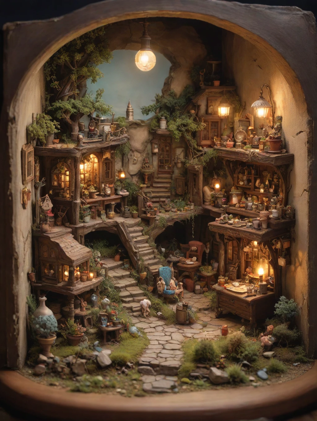 A charming, miniature world bustling with finely detailed elements awaits in this small-scale composition. Captivating in its intricate simplicity, this image showcases a whimsical scene packed with delicate objects and petite characters. Rich textures and vibrant colors bring the miniature landscape to life, inviting viewers to peer into a captivating microcosm. The lighting beautifully highlights the minute details, casting enchanting shadows that add depth and dimension to the scene. The composition is flawlessly balanced, drawing the eye to every nook and cranny of this captivating small-scale world.