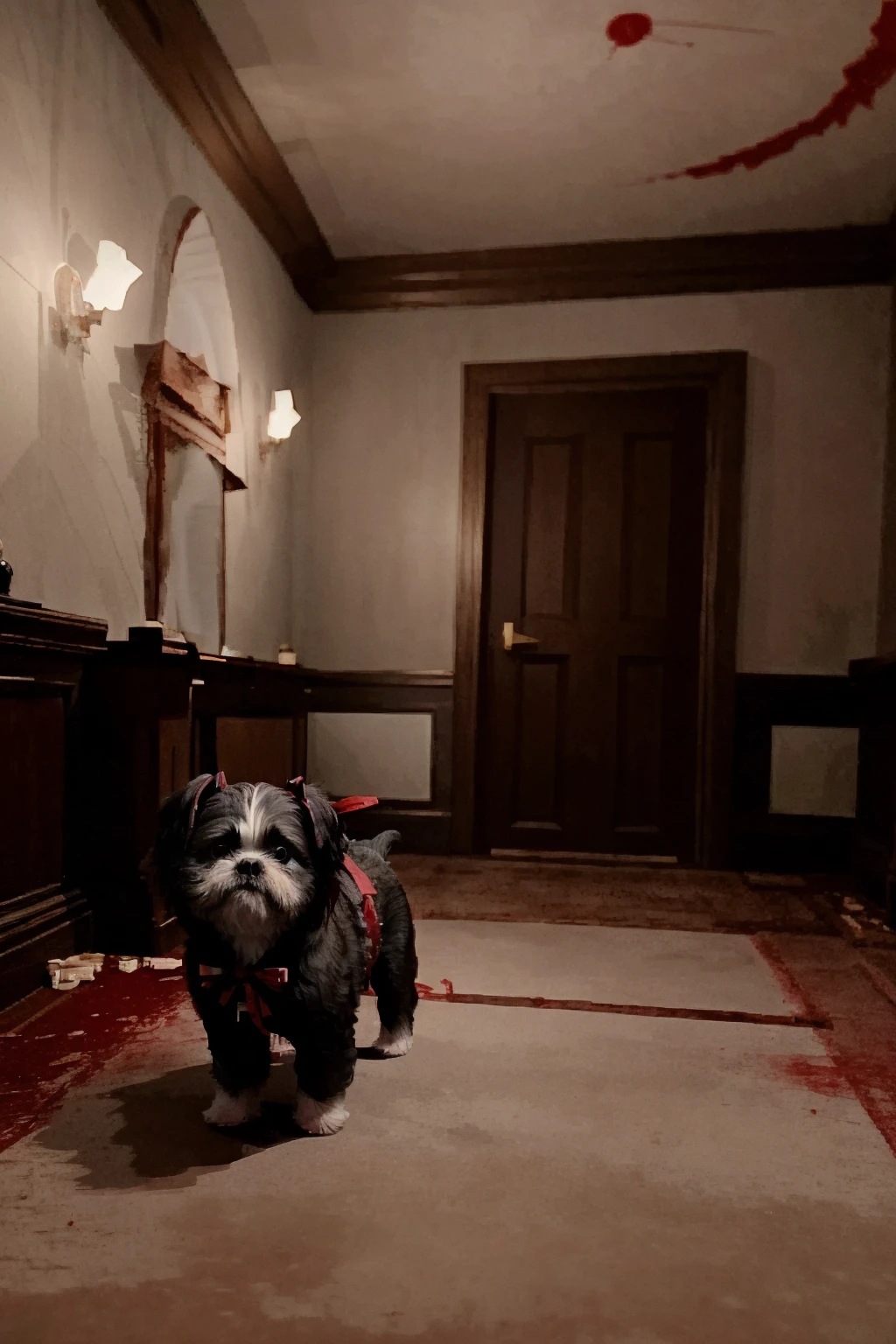 photo of spooky mansion, indoors, blood, scenery, dark, horror theme, windows, hallway, closeup of (shih tzu dog wearing a bow:1.2), moonlight, wearing ribbon, film grain, ray tracing, best quality, masterpiece, UHD, 8k <lora:resevil:1>
