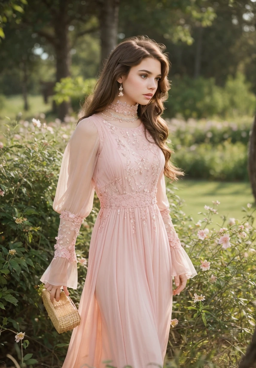 cinematic film still Princess,hair brown, long hair, dress pink long, looking at viewer, realistic, solo, sunset, body,paradise, hand in flowers . shallow depth of field, vignette, highly detailed, high budget, bokeh, cinemascope, moody, epic, gorgeous, film grain, grainy