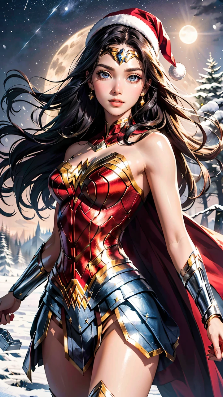 (best quality, masterpiece, colorful, dynamic angle, highest detailed)(Wonder Woman), upper body photo, fashion photography of cute black long hair girl (Wonder Woman), dressing high detailed Wonder Woman suit, Santa Clauss hat, (high resolution textures), in dynamic pose, bokeh, (intricate details, hyperdetailed:1.15), detailed, moonlight passing through hair, perfect snowing night, (fantasy background), (official art, extreme detailed, highest detailed), HDR+