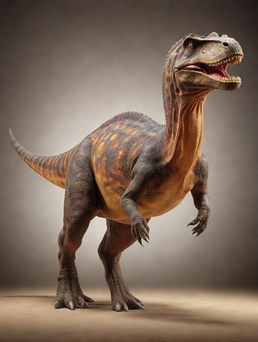 A majestic and vibrant Lapparentosaurus in mid-stride, showcasing its intricate and textured scales. Illuminate its powerful figure with soft, diffused lighting to emphasize its regal presence.