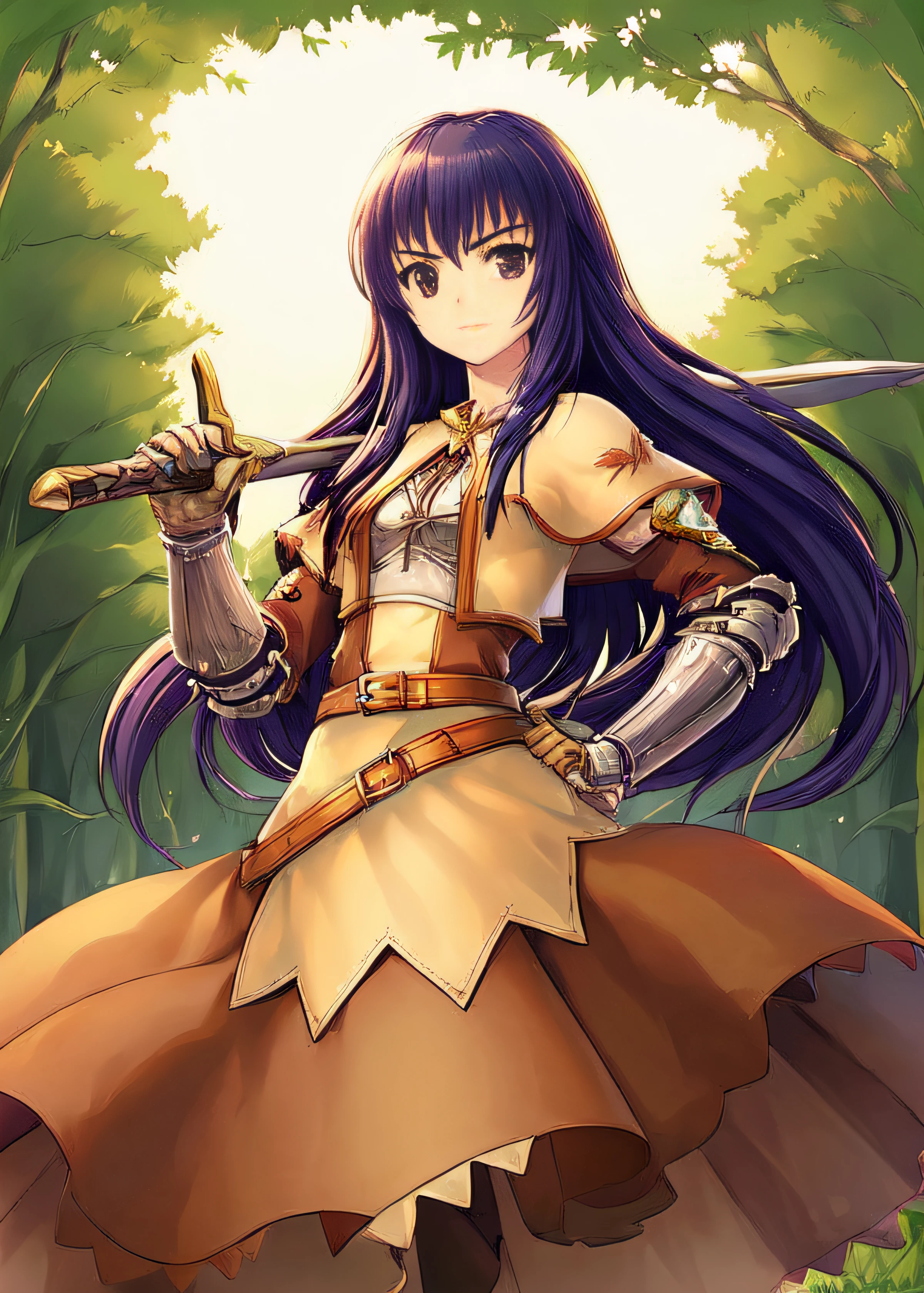 <lora:swordsmanROBetaV1:0.75>,swdro, 1girl, armor, belt, boots, dress, holding sword, long hair, sword, weapon,
looking at viwer,
fantasy background,
outdoor, forest, clear sky, sunrise, (morning, daytime), <lora:Concept_SwordOverShoulder:0.7>, weapon over shoulder, sword, 1girl, standing, armor, hand on hip,