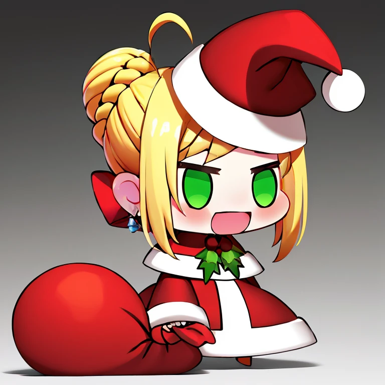 <lora:Padoru_Meme:1>,
Padoru_Meme, 1girl, blush, smile, open mouth, blonde hair, long sleeves, dress, holding, green eyes, braid, ahoge, :d, hair bun, red dress, single hair bun, red headwear, meme, holding sack