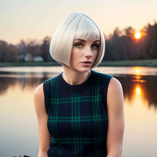 photo of slender woman, wearing thin plaid sleeveless sweater, (white bob cut wig), breasts, portrait, sunset, sideboob <lora:sideboobx:0.5><lora:bgp_v1:0.5>