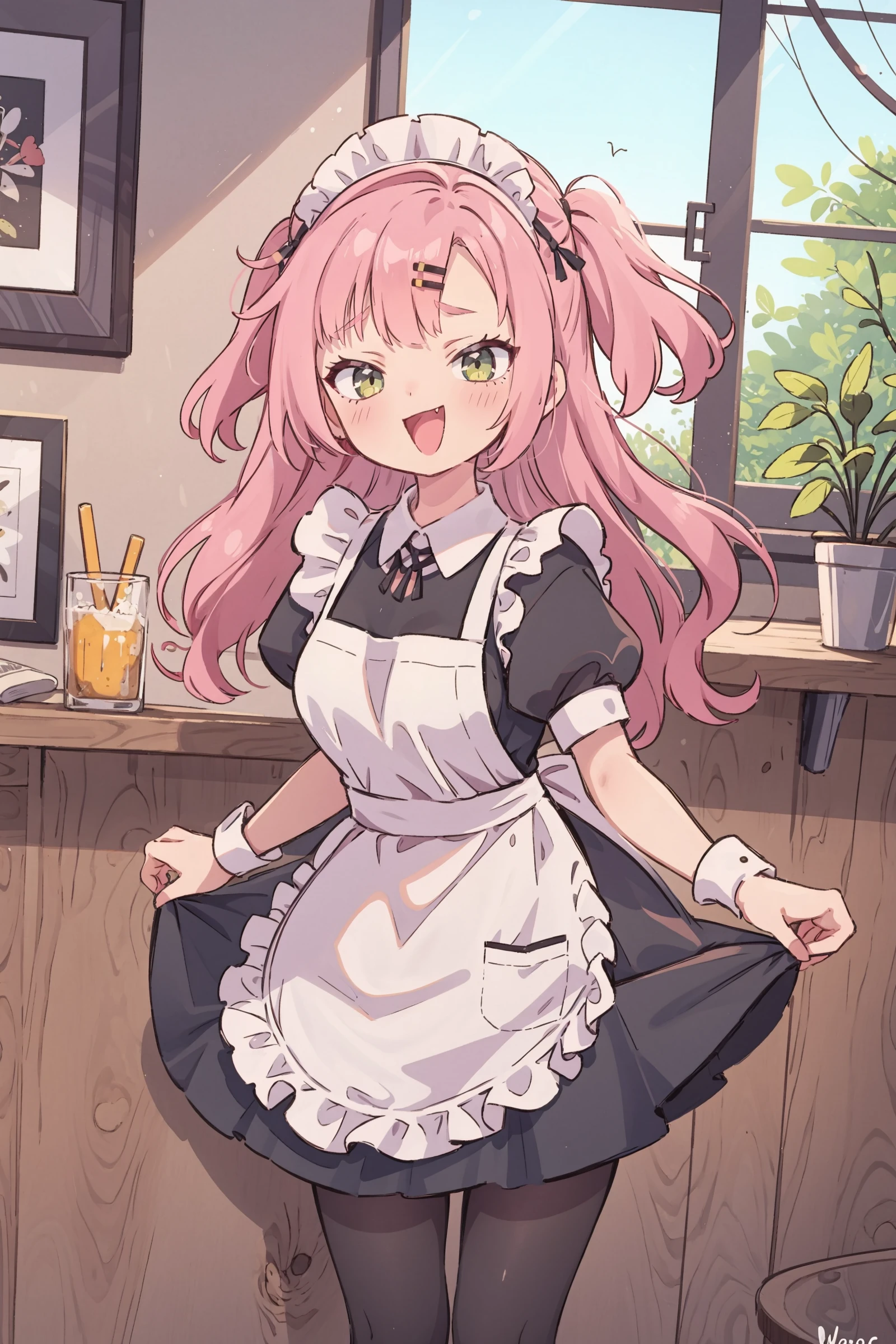1girl, nicole demara, hair ribbon, hairclip, solo, maid, maid headdress, maid apron, smile, embarrassed, pantyhose, open mouth, smug, cowboy shot, bar \(place\), indoors, depth of field, smug, open mouth, looking at viewer, <lora:face-Smug:0.9>