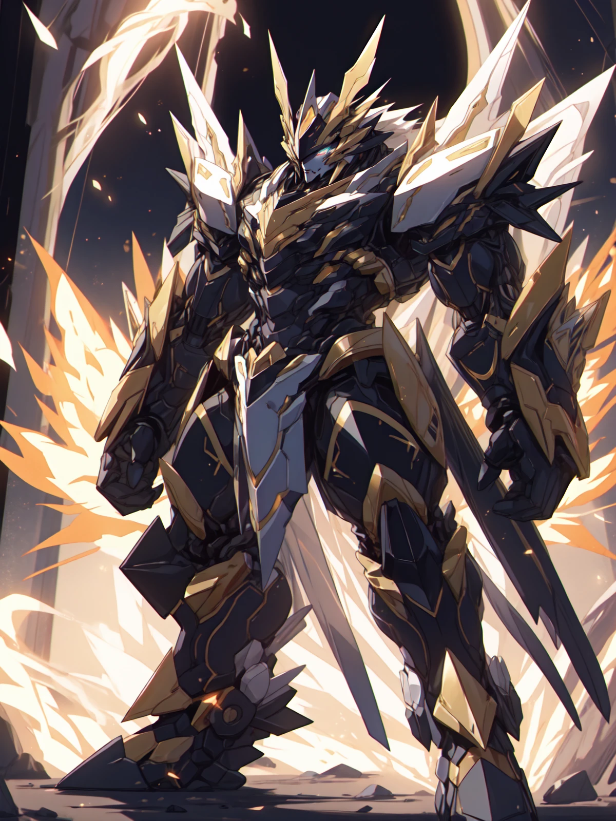 Golden Gundam mechs,heavy mechs,heavy armor,energy cores,crystals,stubby limbs,glowing eyes,fire,glow,sunlight,standing,tall,large,intricate details,transformers style,<lora:nijimecha2:0.7>,nijimecha,<lora:add_detail:0.2>,