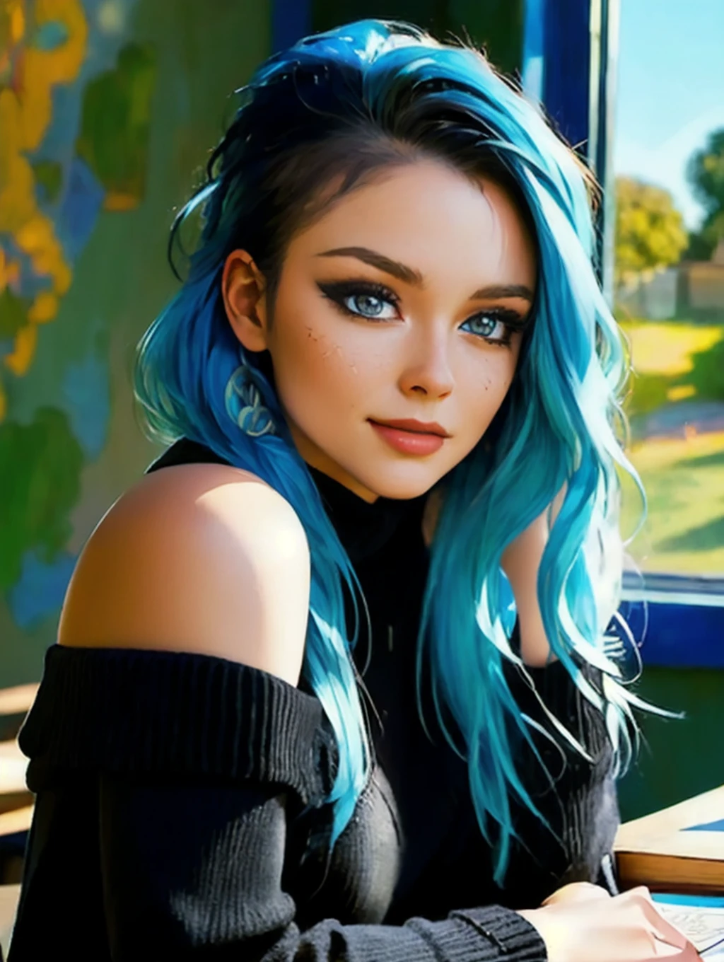 breathtaking <lora:RavenV1:1>, smiling, black sweater, off-shoulder, sitting, in classroom, windows, rimlit, photorealistic, beautiful women, best quality, (masterpiece:1.3), closed mouth, looking at viewer,(highly detailed face:1.3), perfect face, full lips,, masterpiece, award-winning, professional, highly detailed