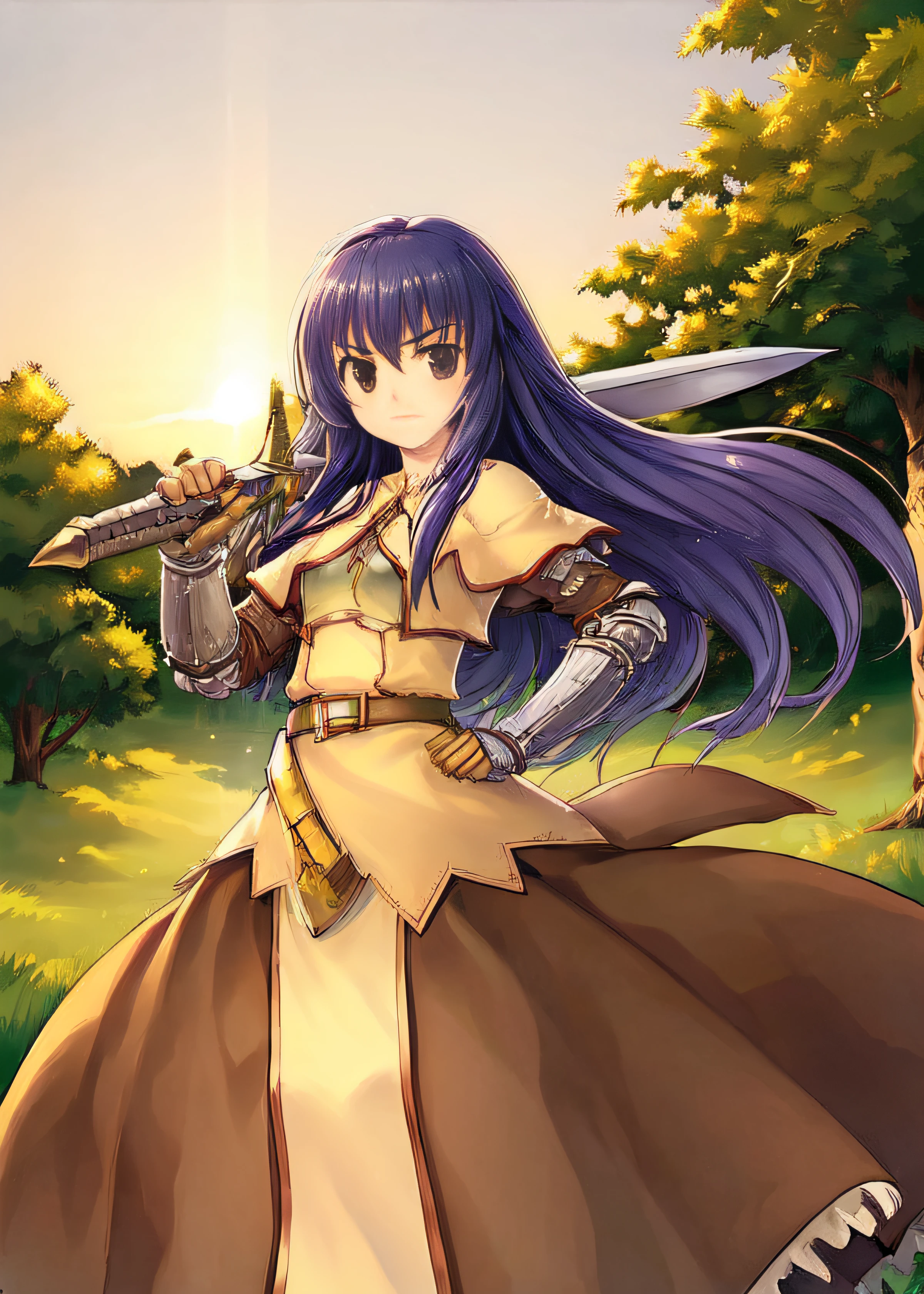 <lora:swordsmanROBetaV1:0.8>,swdro, 1girl, armor, belt, boots, dress, holding sword, long hair, sword, weapon,
looking at viwer,
fantasy background,
outdoor, forest, clear sky, sunrise, (morning, daytime), <lora:Concept_SwordOverShoulder:0.7>, weapon over shoulder, sword, 1girl, standing, armor, hand on hip,